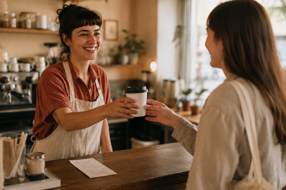 Barista übergibt einem Gast einen Kaffee to go über die Theke