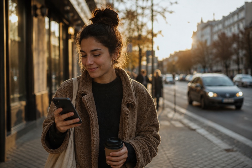 Person schaut unterwegs lächelnd auf ihr Smartphone